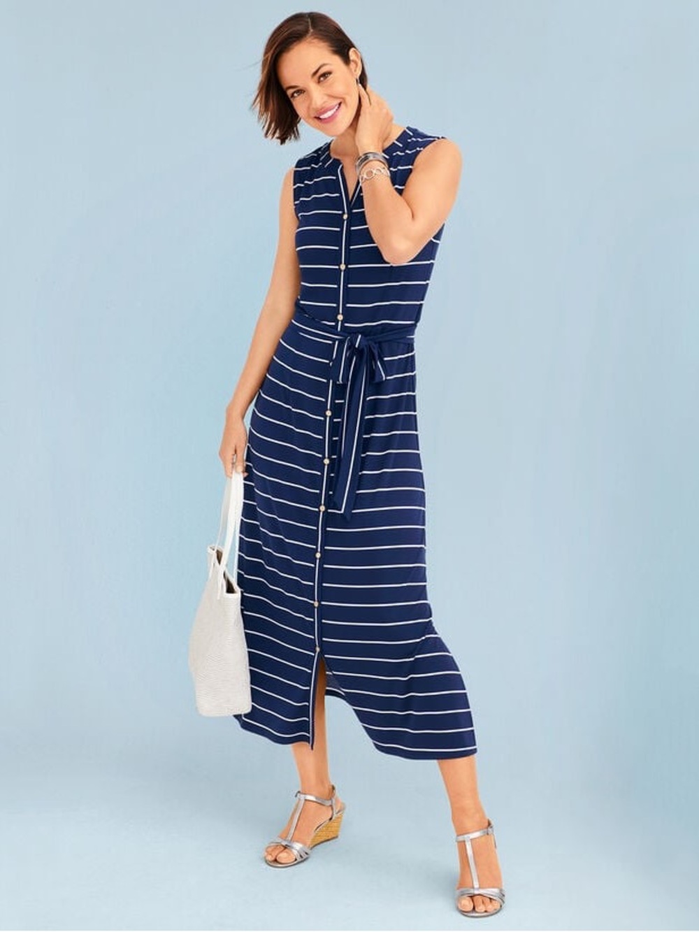 Talbots Jersey Maxi Dress Stripe Button Front Navy Blue White Size Large